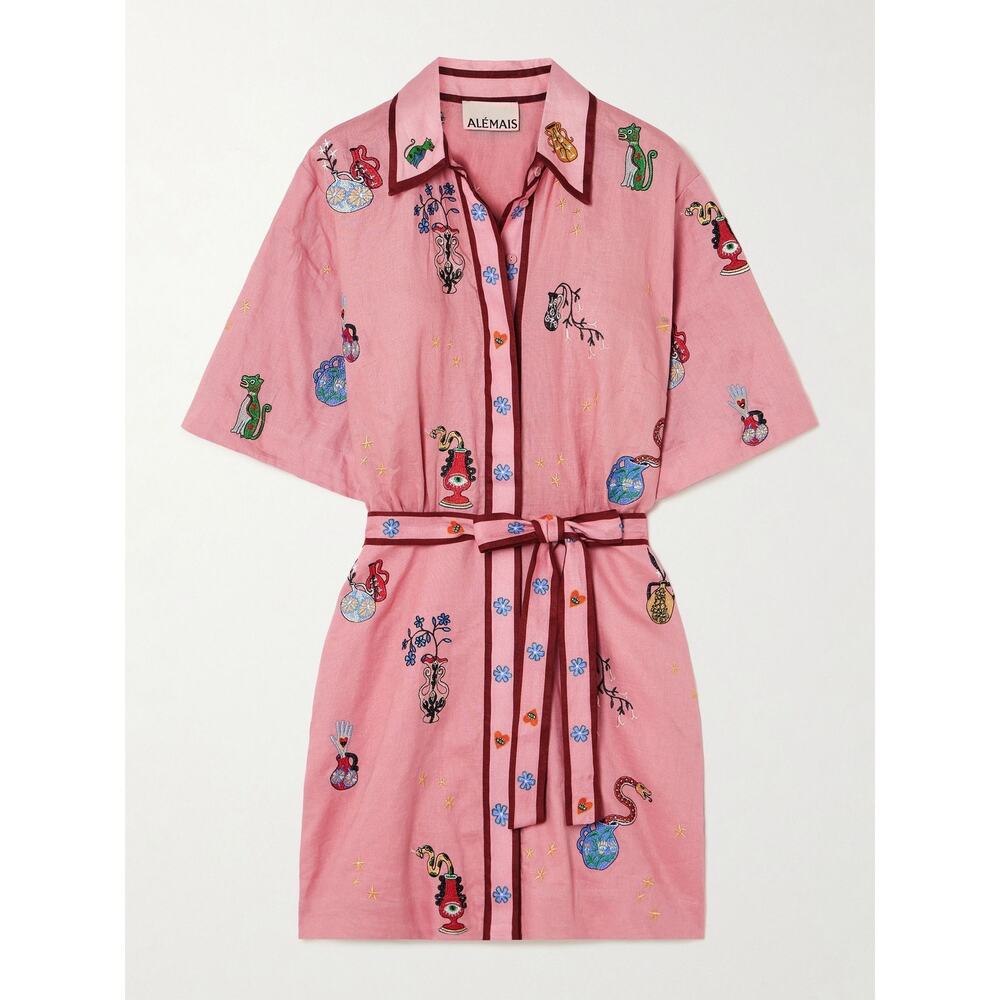 ALEMAIS Nadia Hernandez Timmy Belted Embroidered Linen Shirt Dress Womens 4